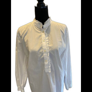 Loft Blouse White Plus Size XL 100% Cotton Ruffle Collar & Front Long Sleeve Top